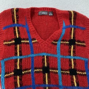 Vintage Gitano Express Sweater Vest Womens Large Red V Neck Plaid Knit 90s‎